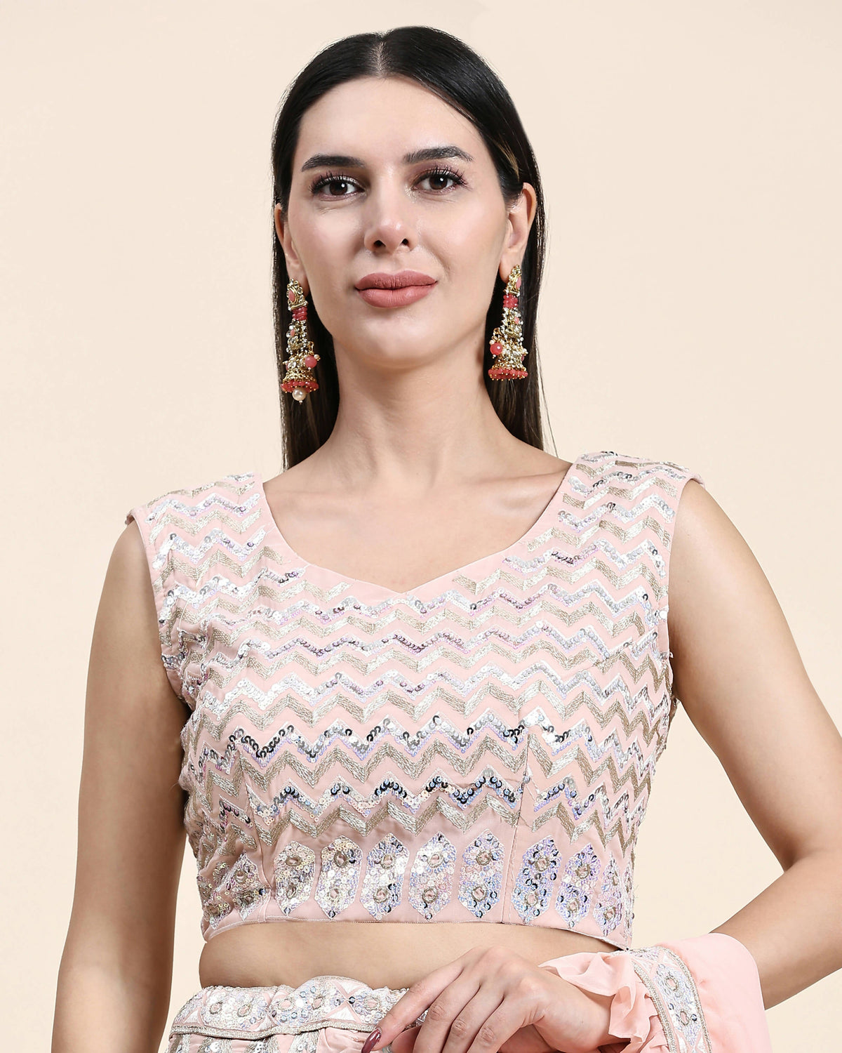 Peach Pure Viscose Georgette Thread With Sequins Embroidery Work Lehenga Choli With Dupatta - Tanya | Grocsy