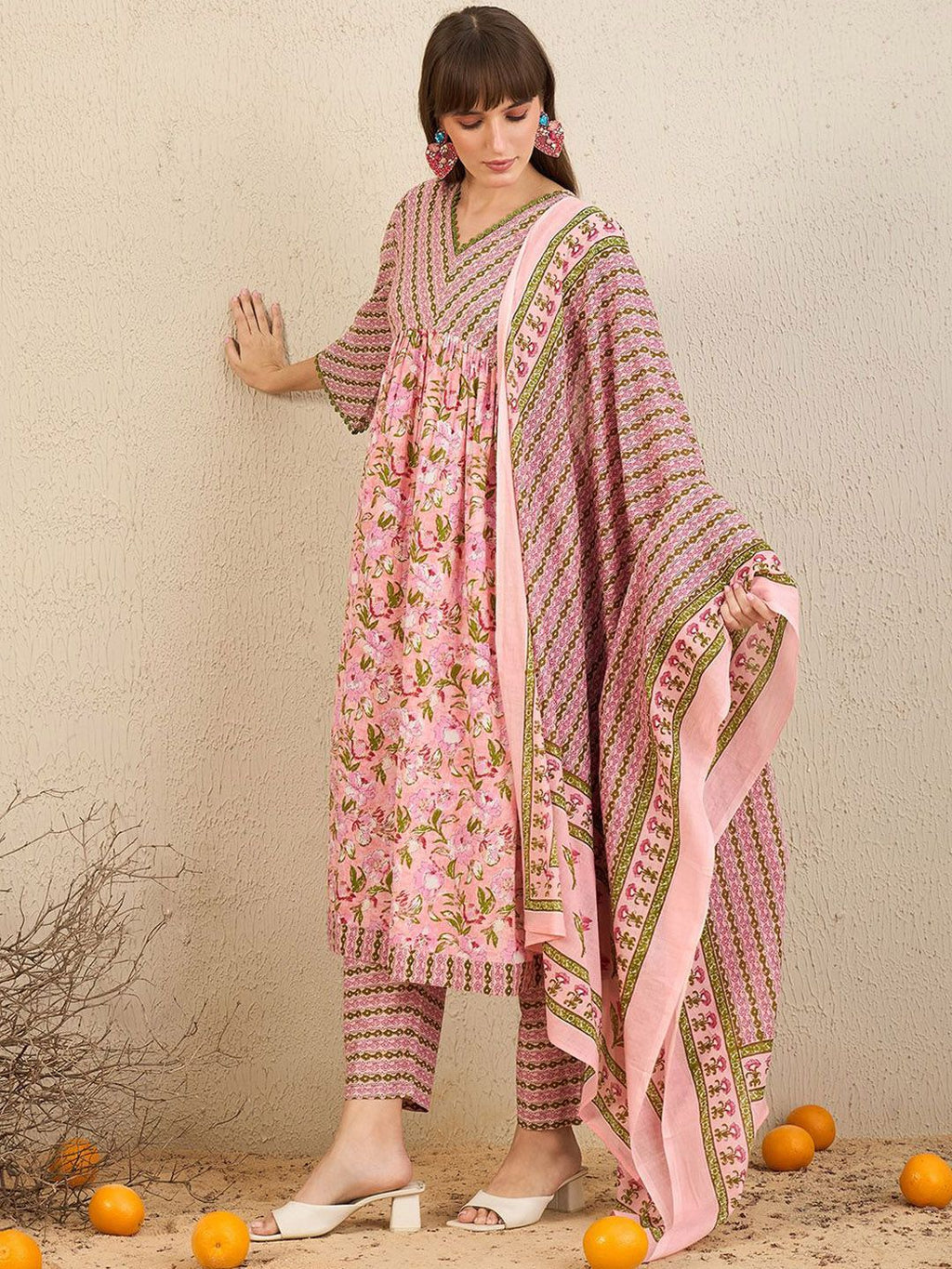 Indo Era Floral Printed Empire Pure Cotton A-Line Kurta With Trousers & Dupatta | Grocsy
