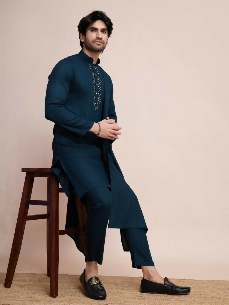 Vastranavya Traditional Festival Wear Viscose Thread & Sequence Embroidered Work Kurta Pant Set - Navy Blue | Grocsy