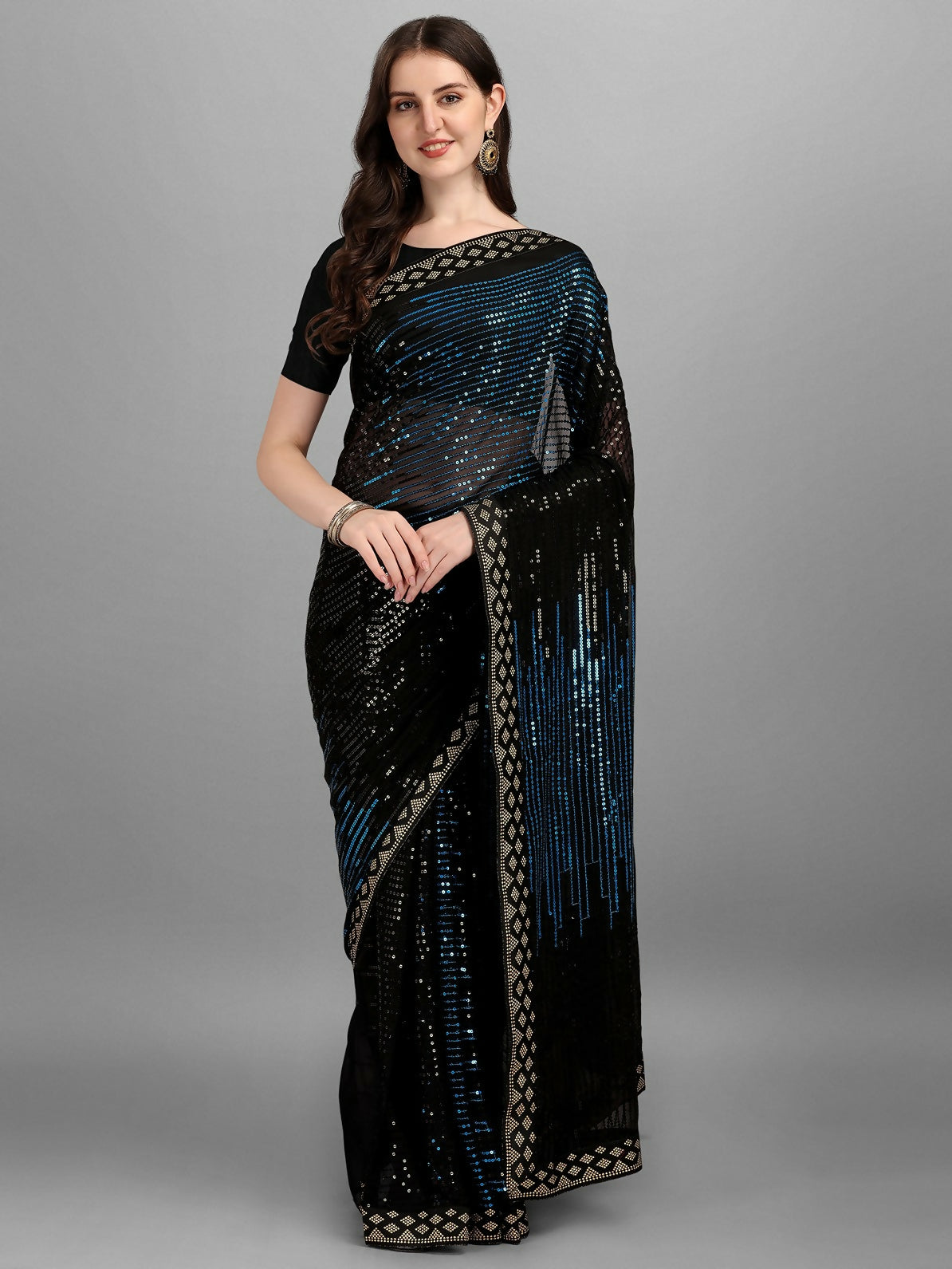 Vegaa Fashion Black Georgette Embroidered Party Wear Saree | Grocsy
