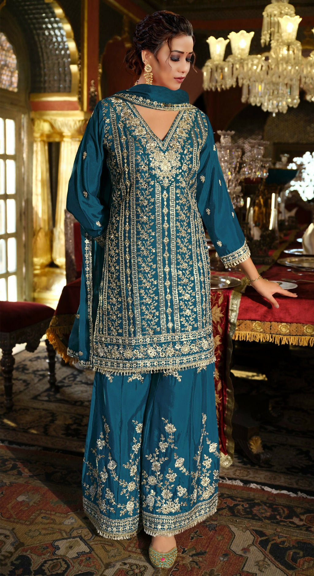 Anaita Teal Blue Chinon Stitched Suit with Embroidery Codding Sequence Work | Grocsy