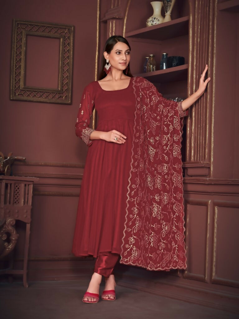 Jyoti Fashion Women's Maroon Georgette Embroidered Anarkali Kurta Pant Set With Dupatta | Grocsy