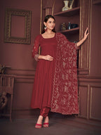 Jyoti Fashion Women's Maroon Georgette Embroidered Anarkali Kurta Pant Set With Dupatta | Grocsy