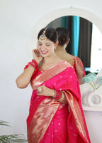 Pink Woven Jacquard Designer Embroidery Work Party Wear Saree - Parampara | Grocsy