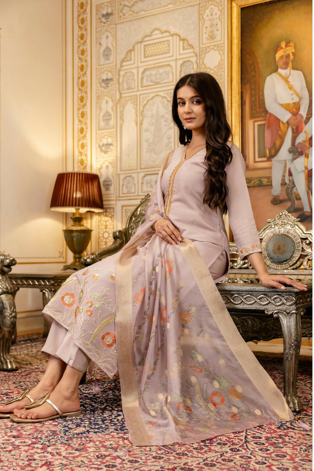 The52 Lavender Women's Beautiful Viscose Shimmer Fabric Embroidered Work Straight Kurta Pant and Dupatta Set | Grocsy