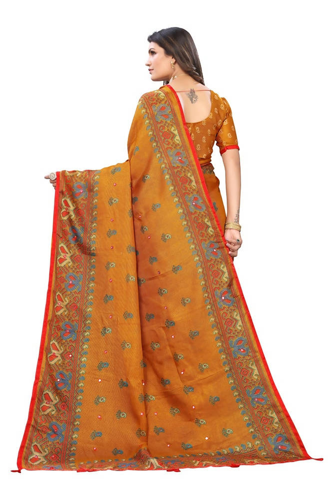 Vamika Mustard Jute Silk Mirror Work Saree | Grocsy
