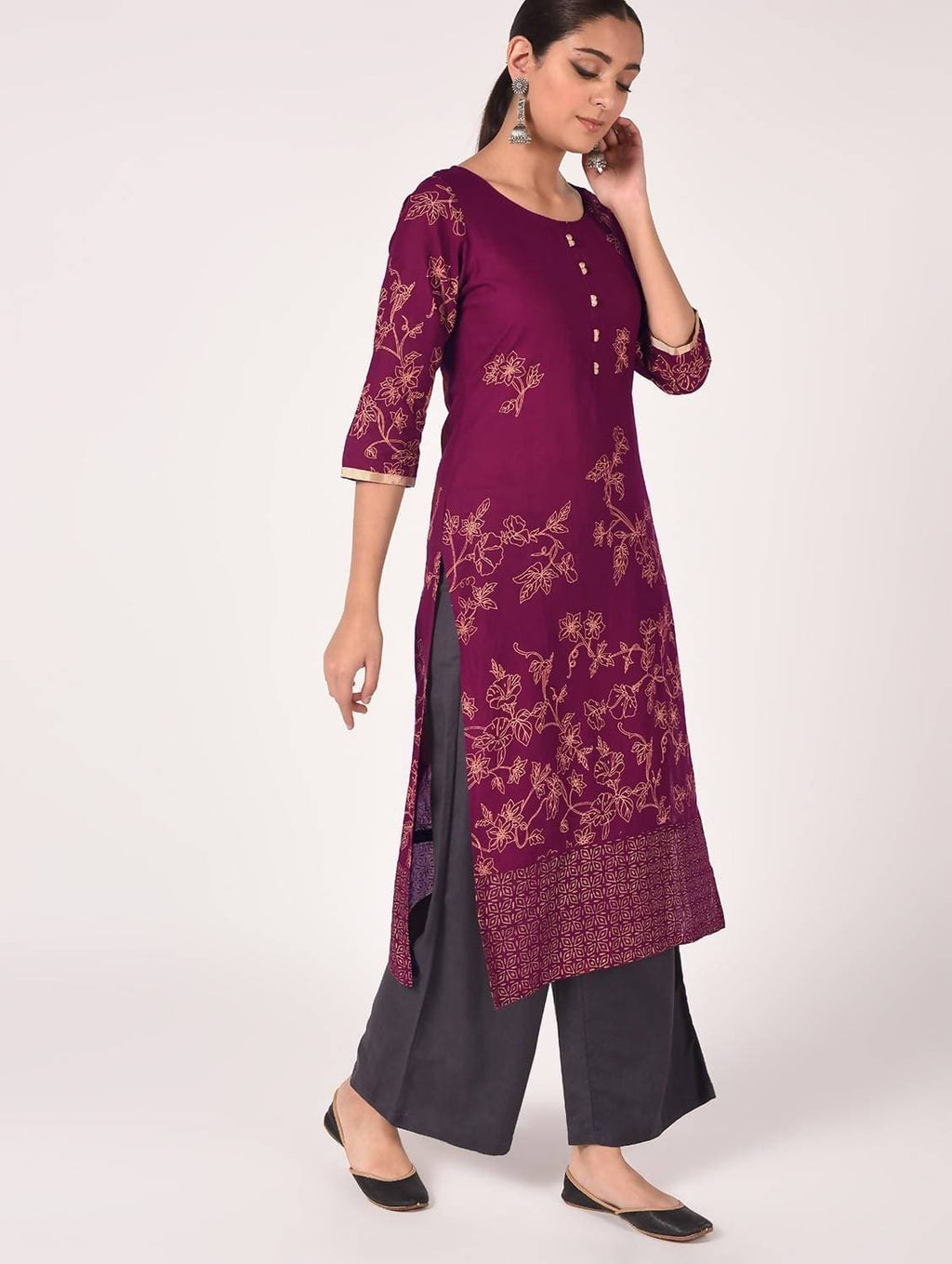 Cheera Hand Block Print Purple Color Straight Kurta | Grocsy