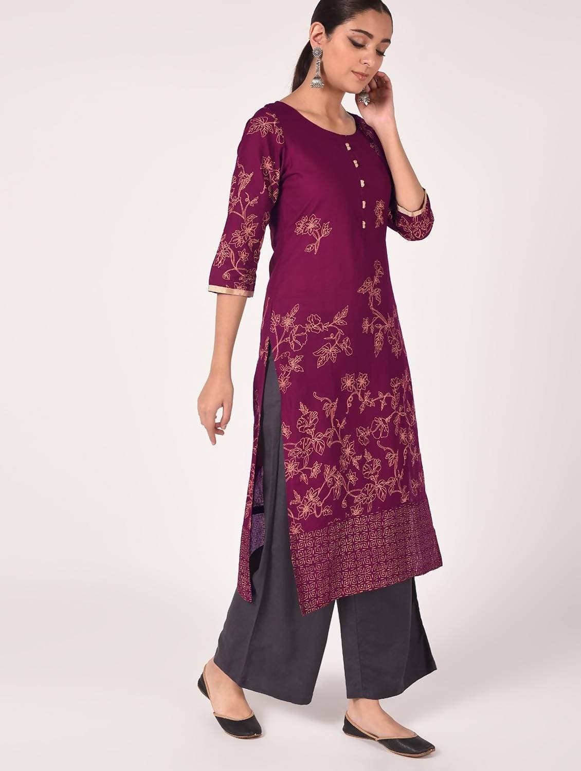 Cheera Hand Block Print Purple Color Straight Kurta | Grocsy