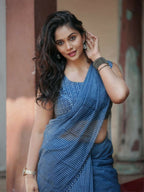 Prime Volt Women's Blue Digital Print Soft Linen Saree With Blouse | Grocsy