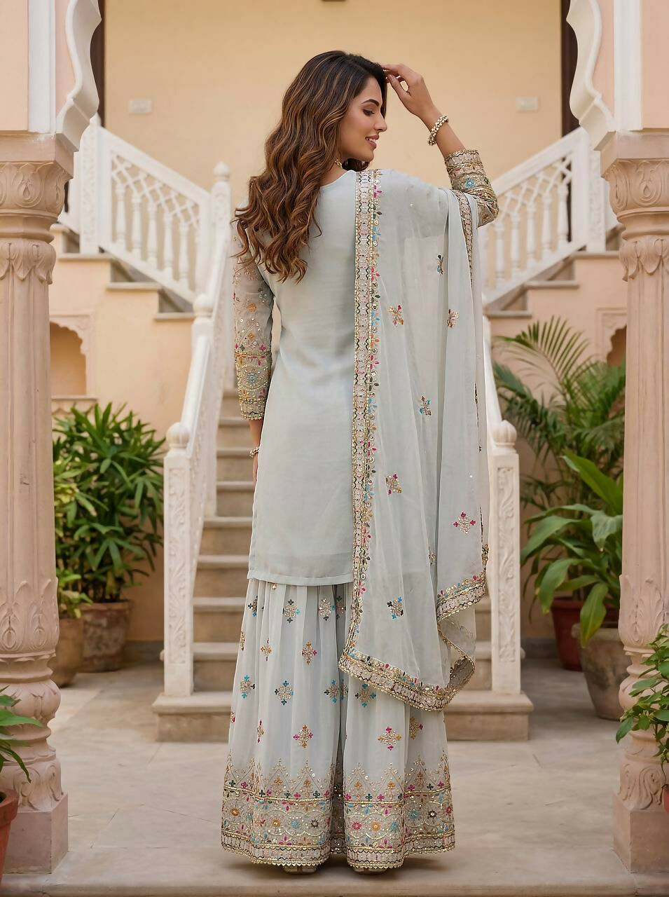 Teeya Creation Grey Faux Georgette Multi Thread Work Wedding Wear Sharara Set | Grocsy