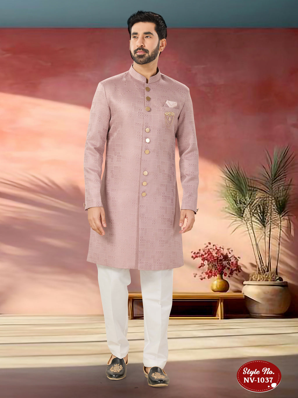 Joban Fashion Men's Pink Straight Imported Tr Self-Design In Fabric Indo-Western Kurta Set | Grocsy