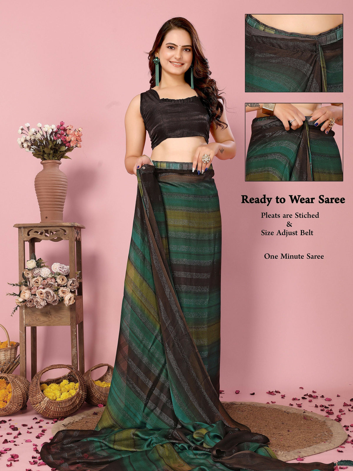 Attractive These Party Wear Ready To Wear Saree - Green | Grocsy