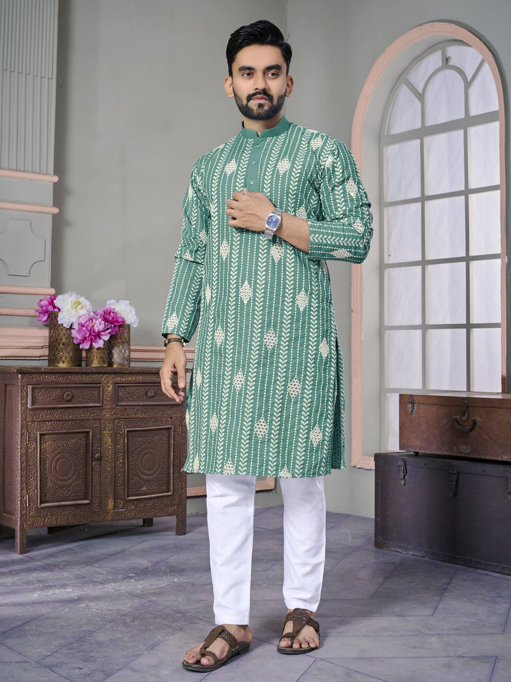 Rama Green Wedding Wear Designer Mens Kurta with Pyjamas by Infinity Export | Grocsy