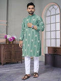 Rama Green Wedding Wear Designer Mens Kurta with Pyjamas by Infinity Export | Grocsy