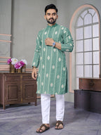 Rama Green Wedding Wear Designer Mens Kurta with Pyjamas by Infinity Export | Grocsy