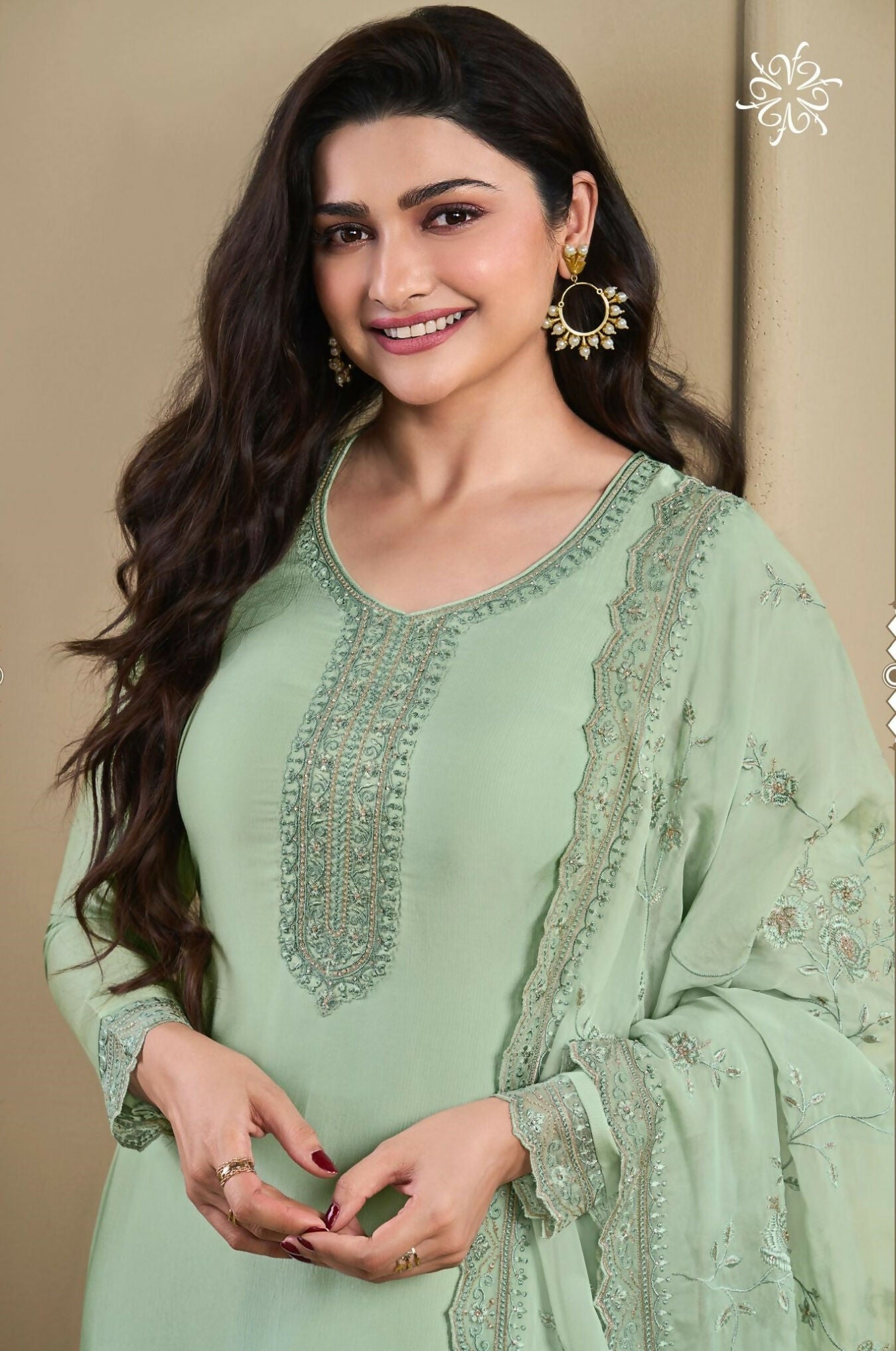 Anaita Green Heavy Natural Crepe Stitched Suit with Embroidery & Zarkhan Work | Grocsy