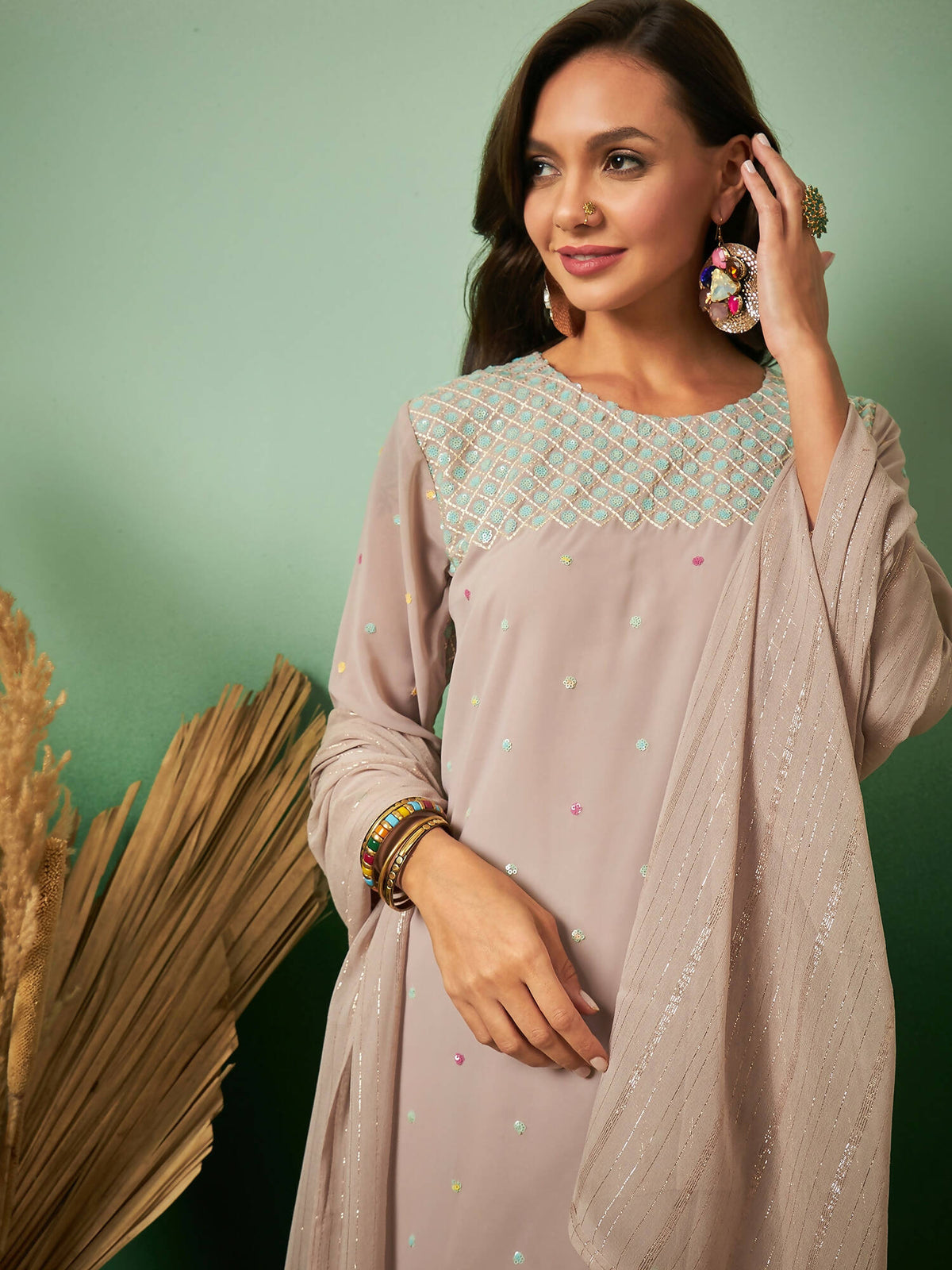 Light Brown Georgette Handwork Unstitched Dress Material - Hanika | Grocsy