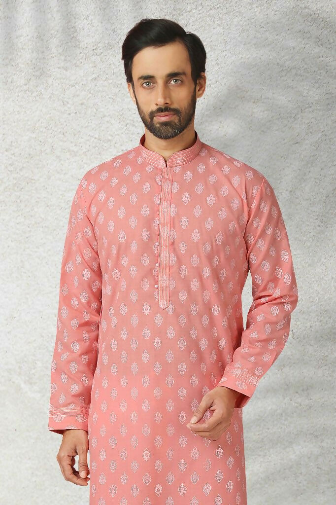 Raivat Ethnic Cotton Printed Work Kurta Pajama In Pink Colour | Grocsy