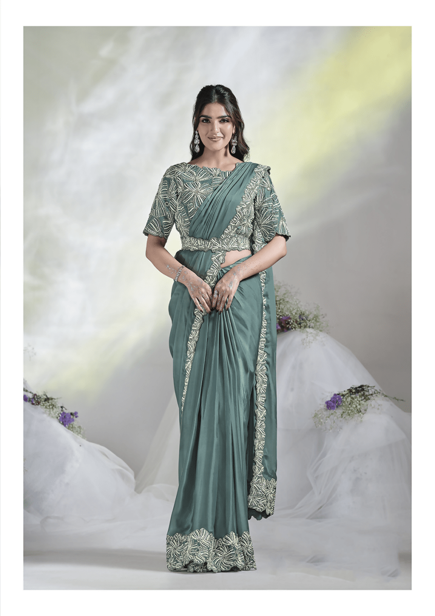 Aqua Blue Crepe Satin Silk Designer Ready to wear saree with stithced Blouse - Mohmanthan Aura | Grocsy