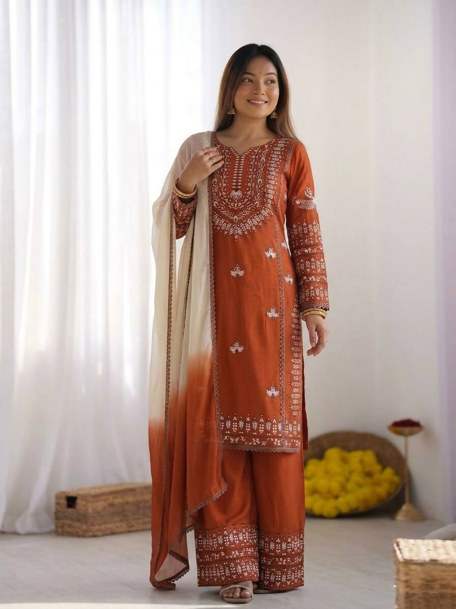 Teeya Creation Womens Trendy Stylish Embroidery Thread Work Orange Kurta Set | Grocsy