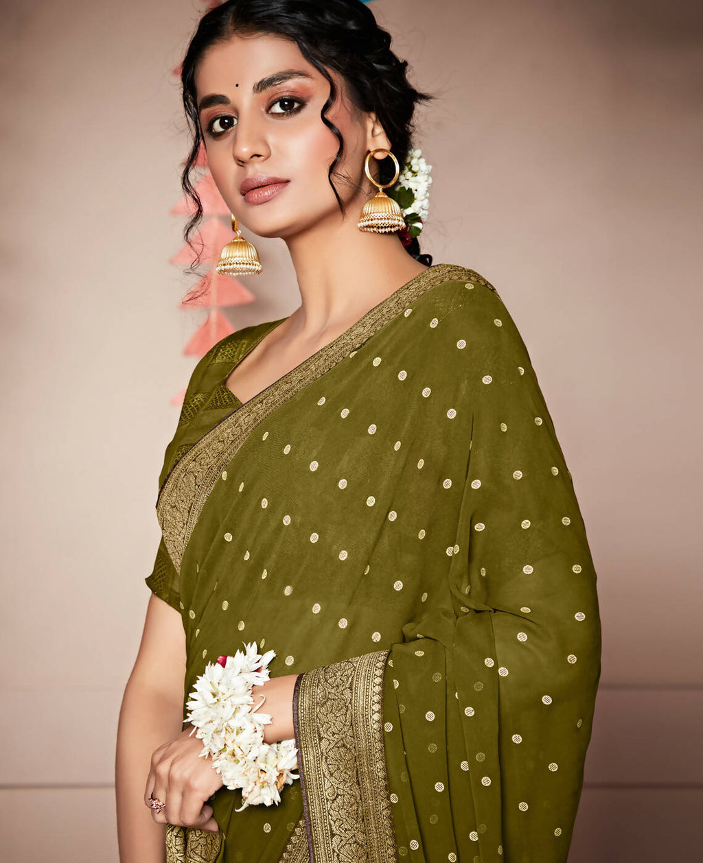 Green Georgette Foil Printed Saree With Unstitched Blouse Piece - Nitya | Grocsy