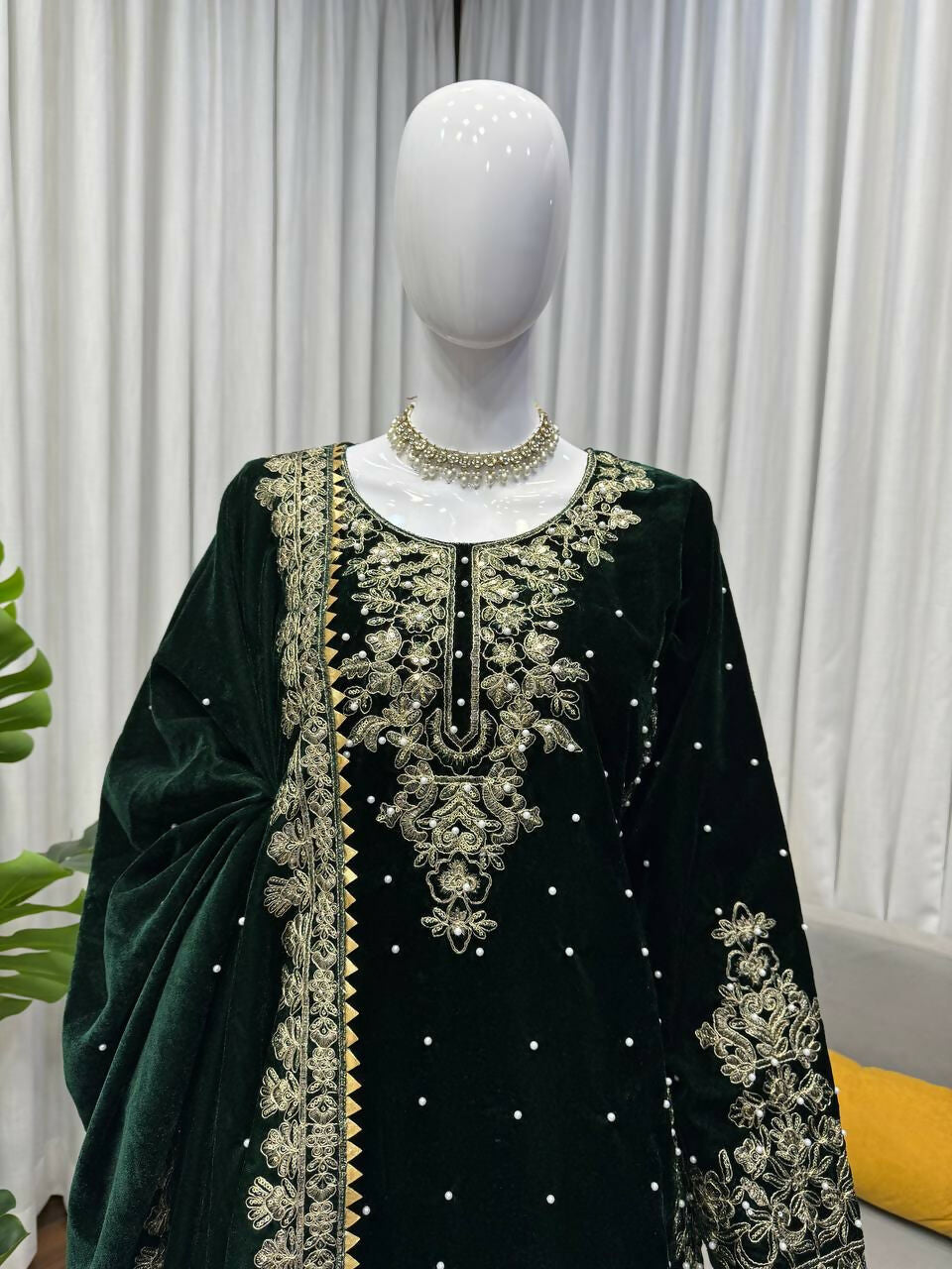 Vastranavya Green Viscose Velvet Cording Sequence With Moti Work Top-Bottom With Dupatta | Grocsy