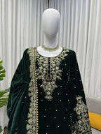 Vastranavya Green Viscose Velvet Cording Sequence With Moti Work Top-Bottom With Dupatta | Grocsy