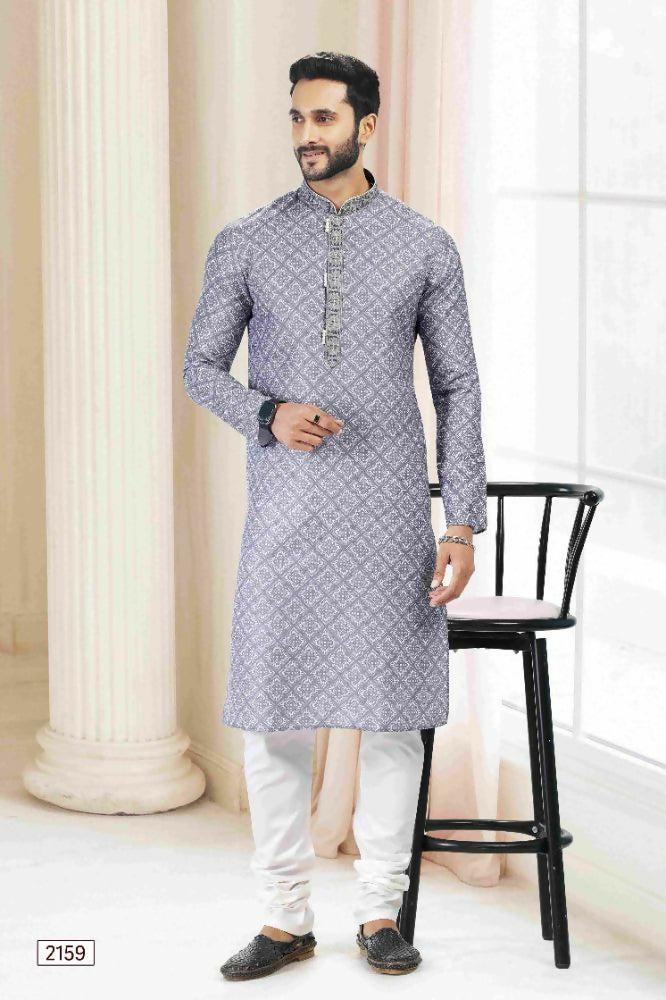 Raivat Ethnic Cotton Thread Work Kurta Pajama In Grey Colour | Grocsy