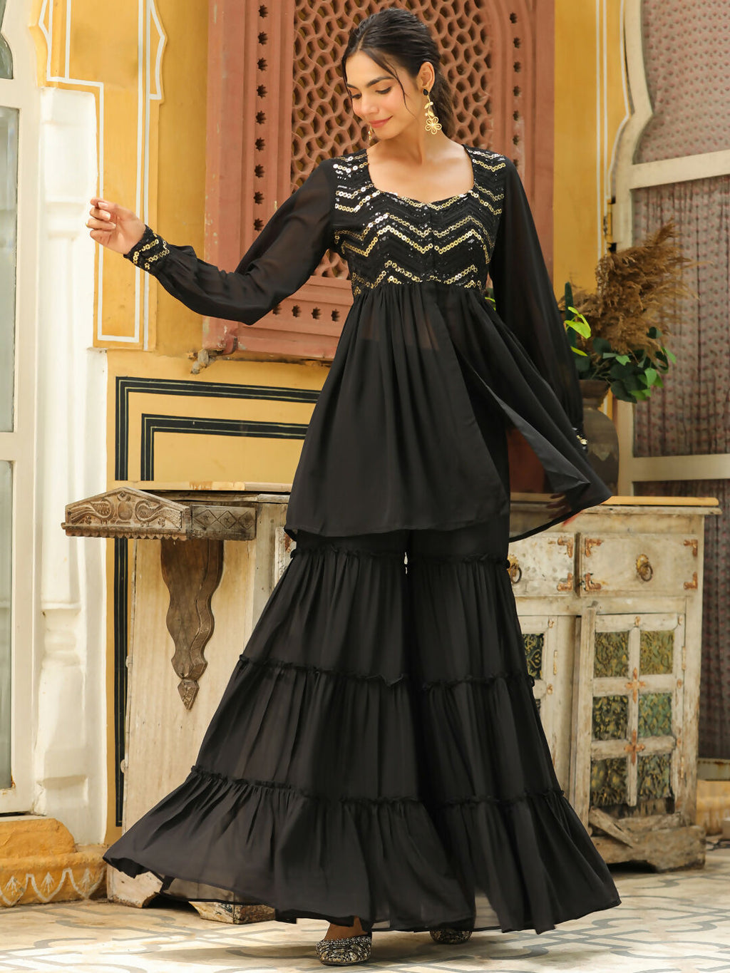 Janasya Black Georgette Sequined Tunic & Bottom | Grocsy