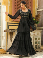 Janasya Black Georgette Sequined Tunic & Bottom | Grocsy