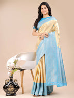 Shree Shyam Fashion Aura Silk Cream Sky Blue Banarasi Silk Saree | Grocsy