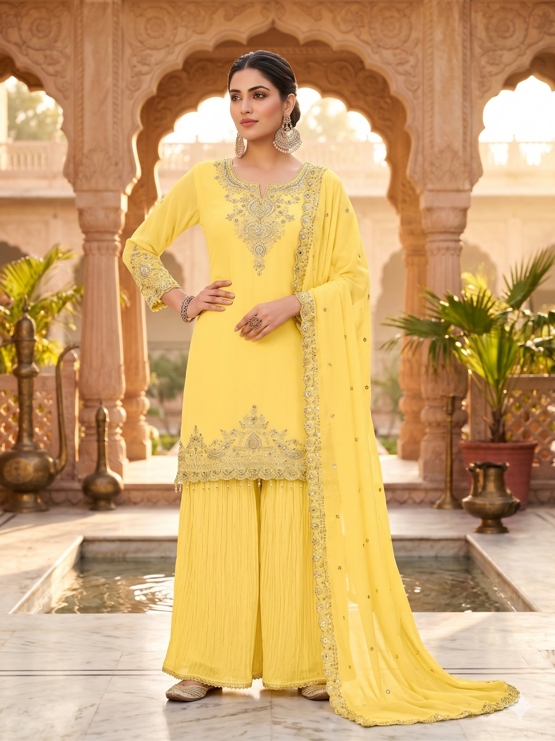 Teeya Creation Womens New Georgette Silk With Heavy Embroiedery With Sequence Work Yellow Kurta Set | Grocsy