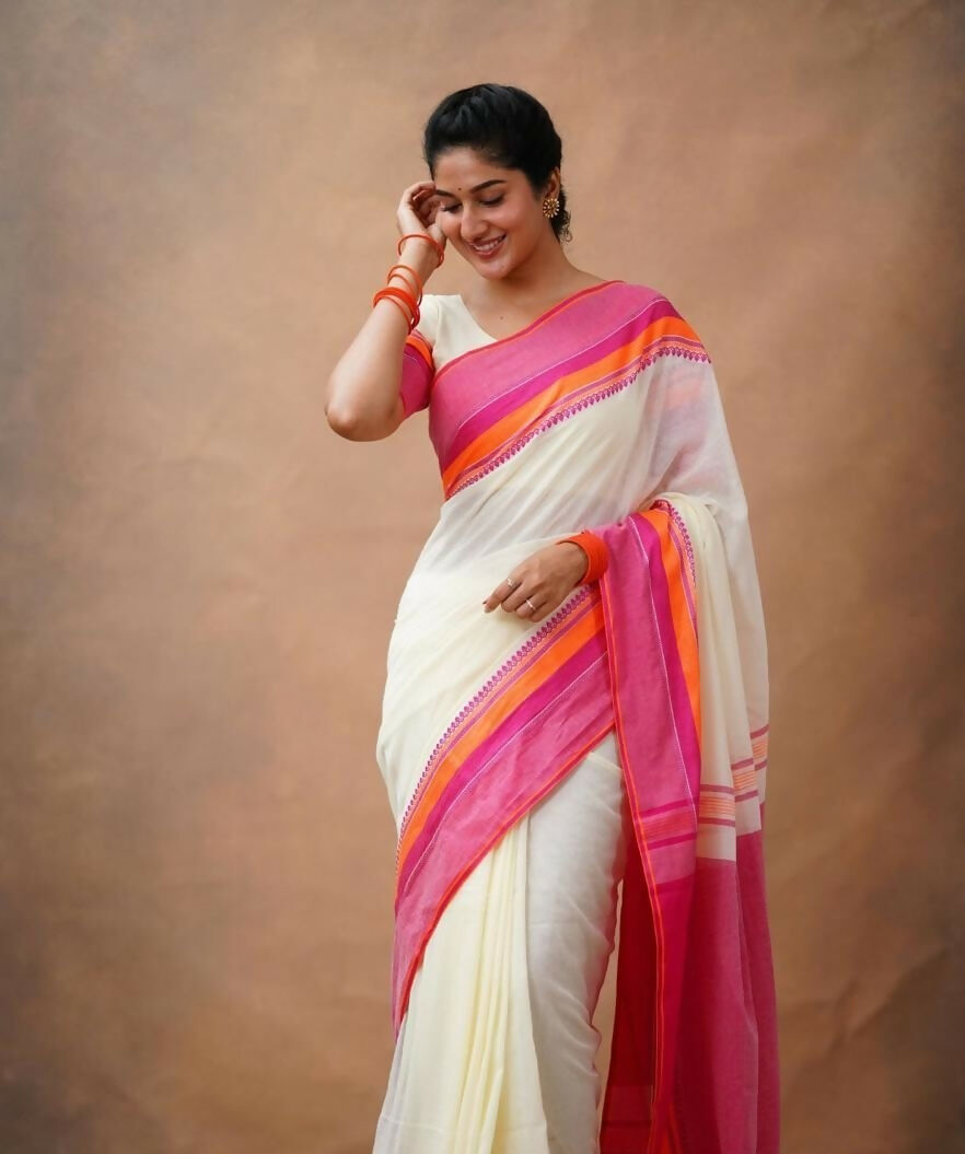 Exclusive Collection Off White Beautiful Khadi Cotton Handloom Saree | Grocsy