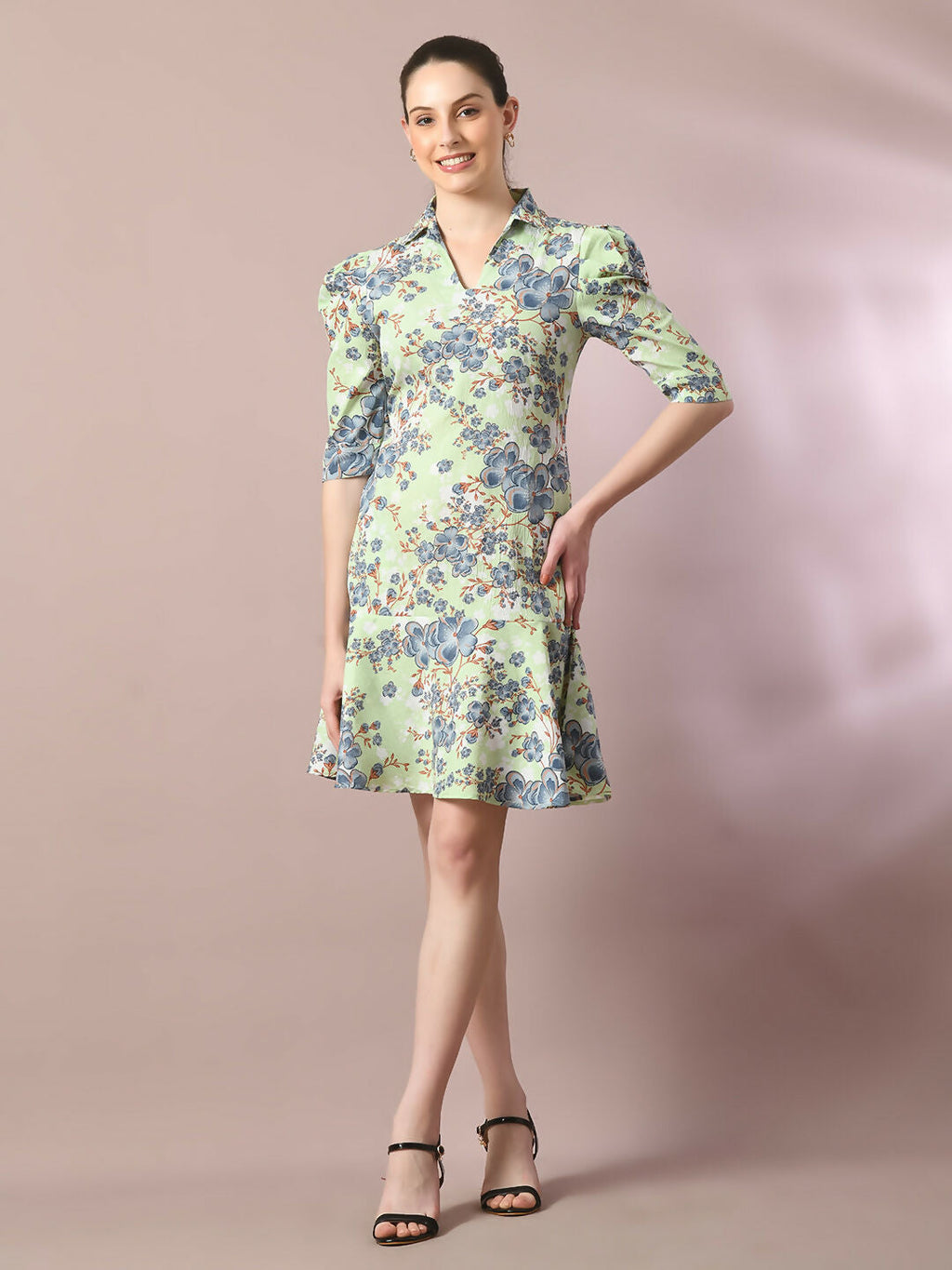 Myshka Women's Green Printed Shirt Collar Fit and Flare Party Dress | Grocsy