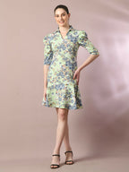Myshka Women's Green Printed Shirt Collar Fit and Flare Party Dress | Grocsy