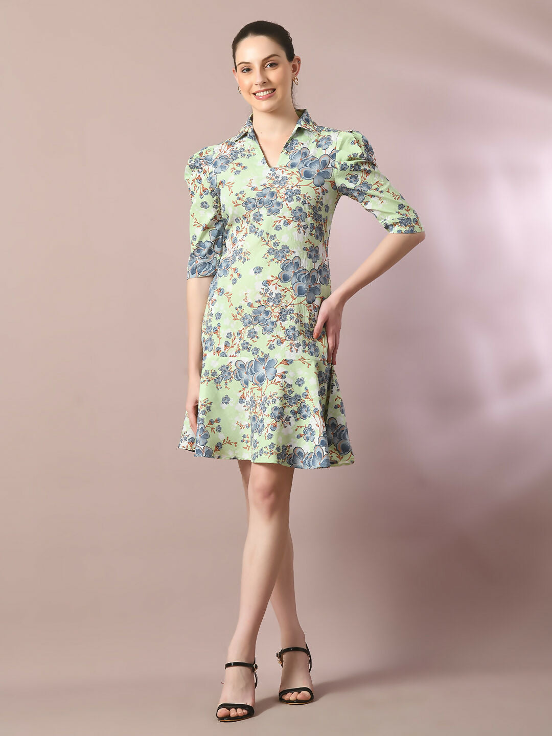Myshka Women's Green Printed Shirt Collar Fit and Flare Party Dress | Grocsy