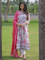 The52 Women's Beautiful Rayon Fabric Printed Work Flared Kurta Pant and Dupatta Set | Grocsy