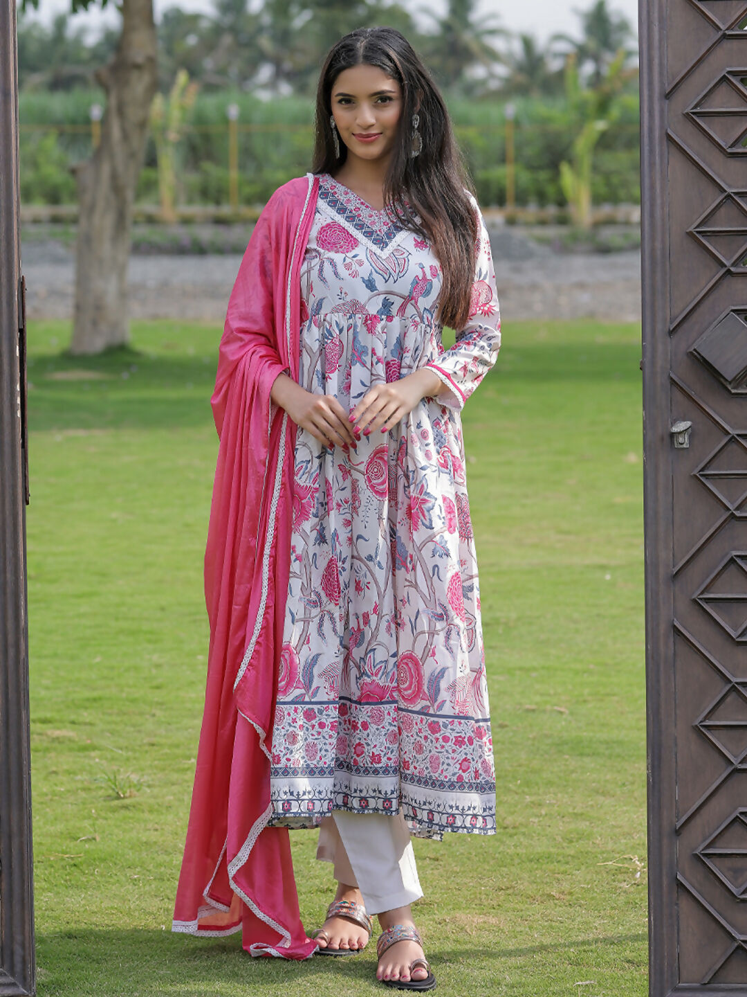 The52 Women's Beautiful Rayon Fabric Printed Work Flared Kurta Pant and Dupatta Set | Grocsy