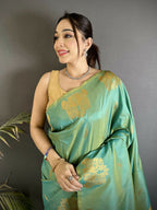Joban Fashion Sea Green Motifs Zari Weaving Soft Silk Banarasi Saree | Grocsy