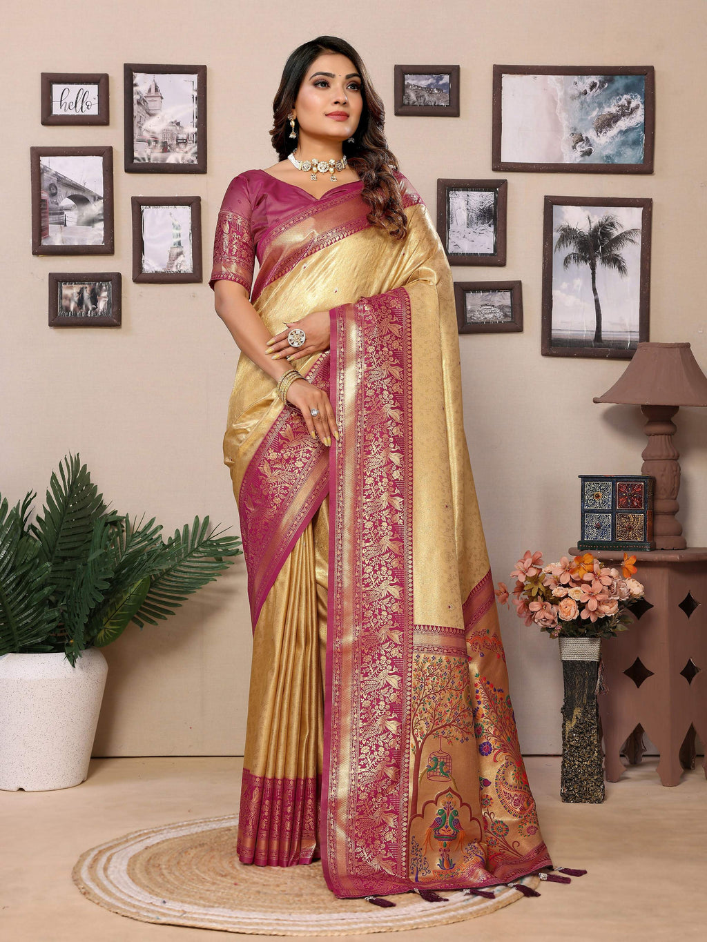 Aastha Fashion Cream Tissue Silk Weaving Saree | Grocsy