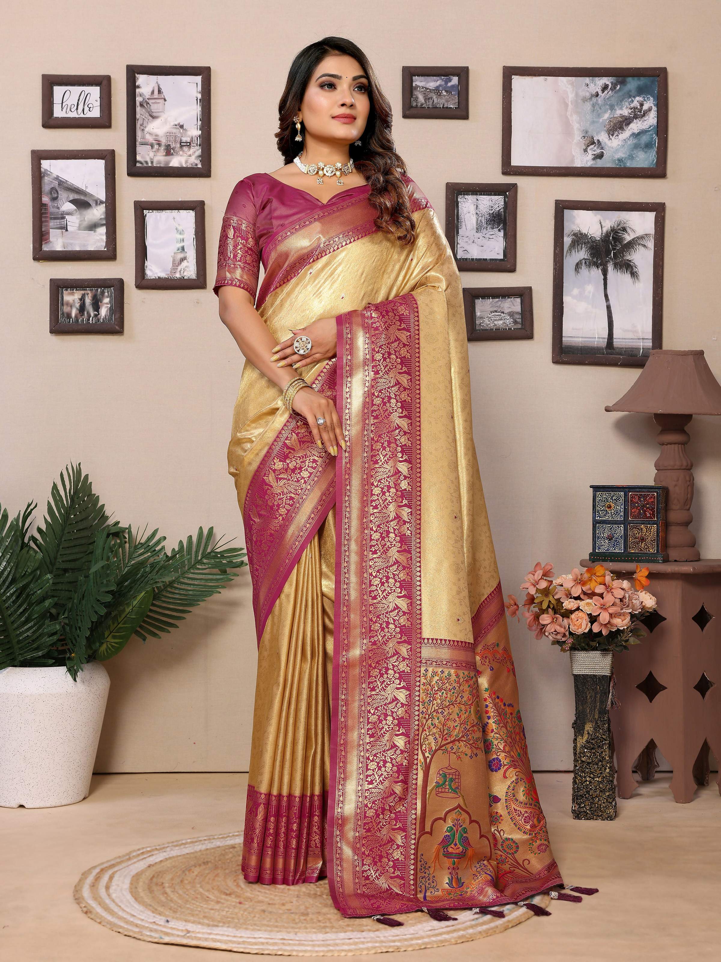 Aastha Fashion Cream Tissue Silk Weaving Saree | Grocsy