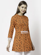 Myshka Women Orange Pure Cotton Printed 3/4 Sleeve Round Casual Tunic | Grocsy
