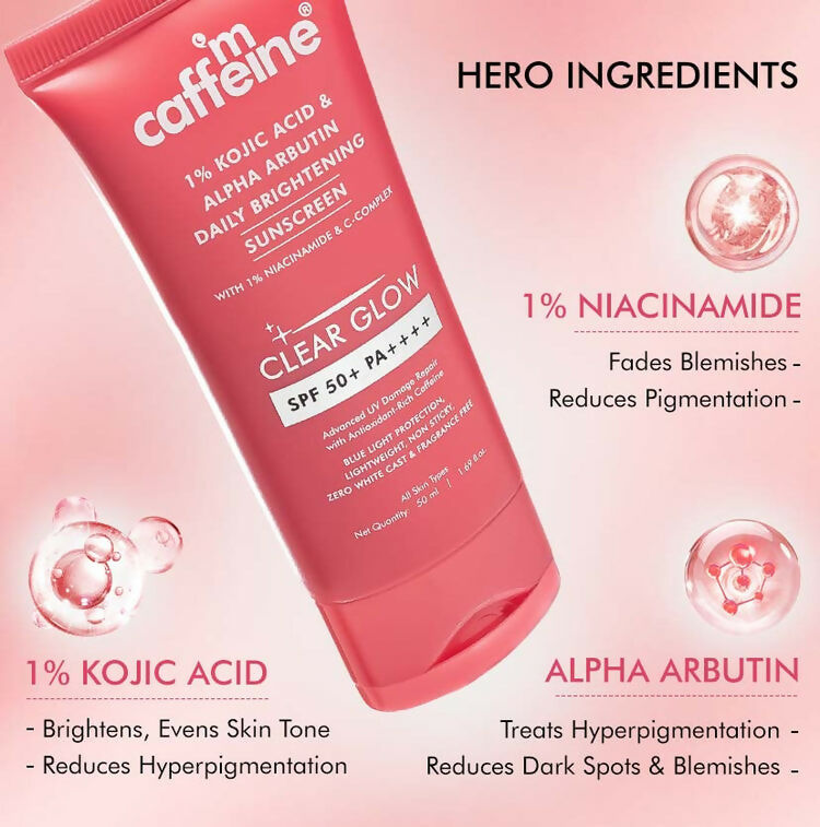 mCaffeine Clear Glow 1% Kojic Acid, Alpha Arbutin Daily Brightening Sunscreen | Grocsy