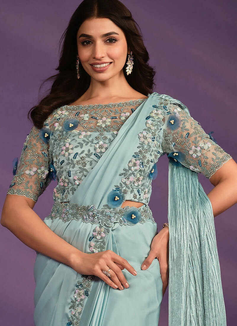 Sea Green Crepe Satin Silk Embroidered Saree With Stitched Blouse - Mohmanthan Exotica | Grocsy