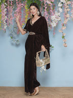 Joban Fashion Brown Hand Embellished Gown With Drape and Belt | Grocsy