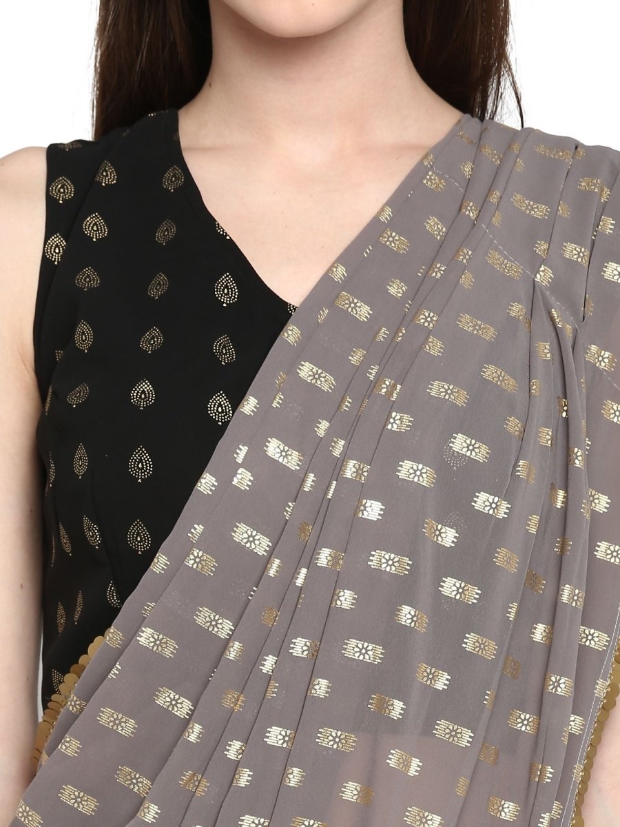 Ahalyaa Women's Black Georgette Foil Print Ready to Wear Saree | Grocsy