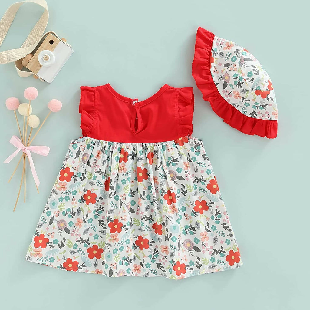 Bold N Elegant Cotton Floral Printed Ruffle Sleeve Princess Dress Frock With Fabric Hat Cap - Red | Grocsy