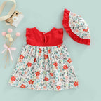 Bold N Elegant Cotton Floral Printed Ruffle Sleeve Princess Dress Frock With Fabric Hat Cap - Red | Grocsy