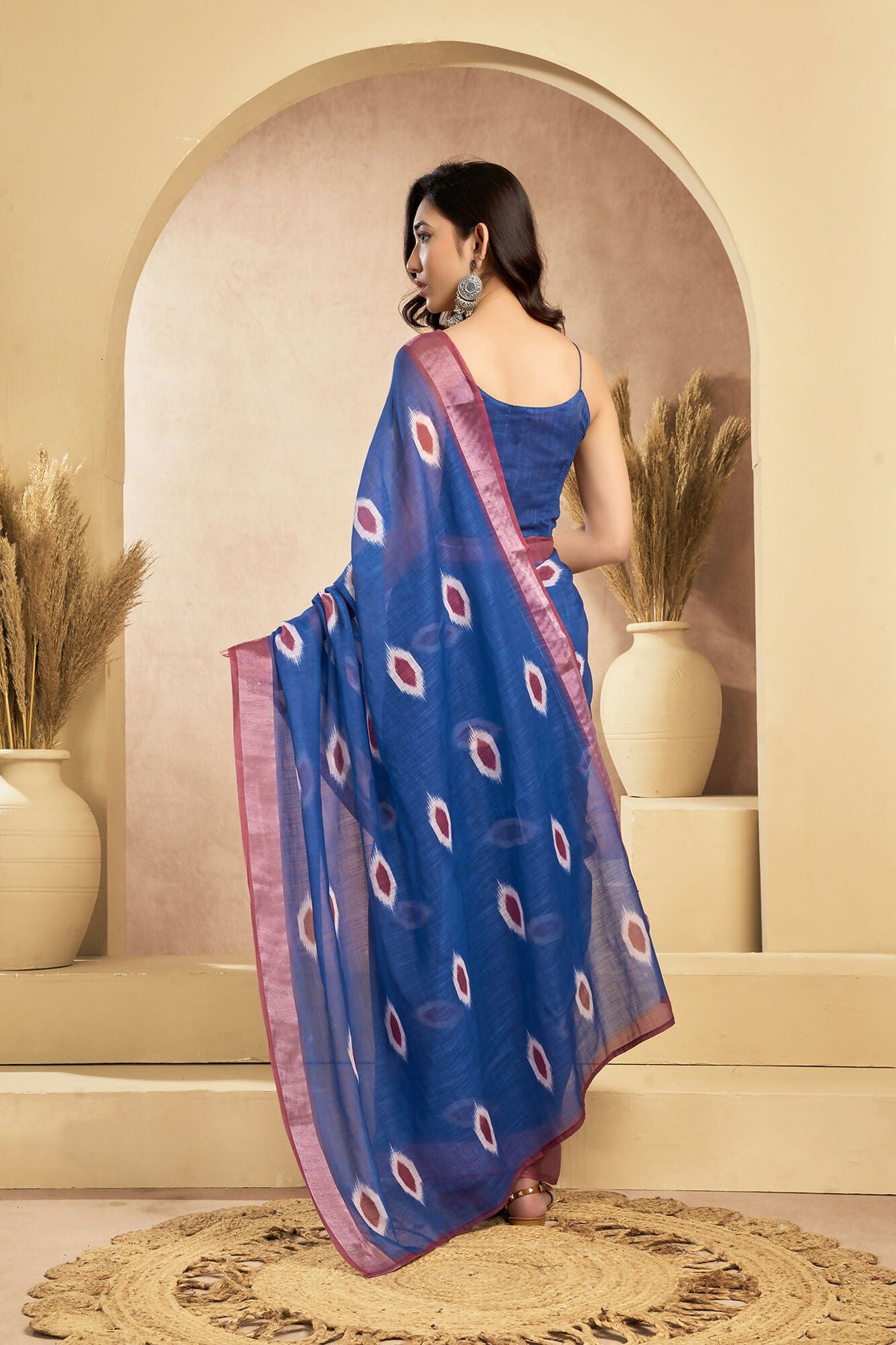 Vastranavya Blue Digital Printed Linen Ready To Wear Pocket Saree with Unstitched Blouse | Grocsy