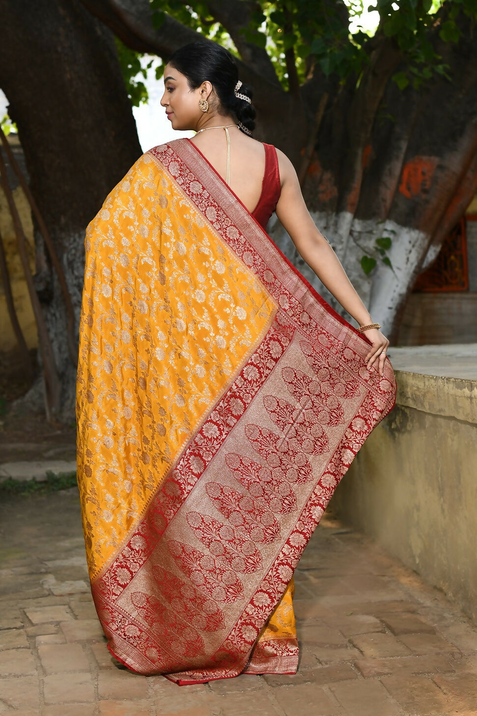 Joban Fashion Gold Crepe Chiffon Pure Handloom Banarasi Silk Saree | Grocsy